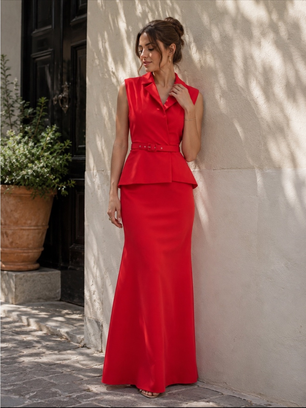 Chiara Boni Thadira Dress Belted Sleeveless Maxi Column Gown in Passion Red